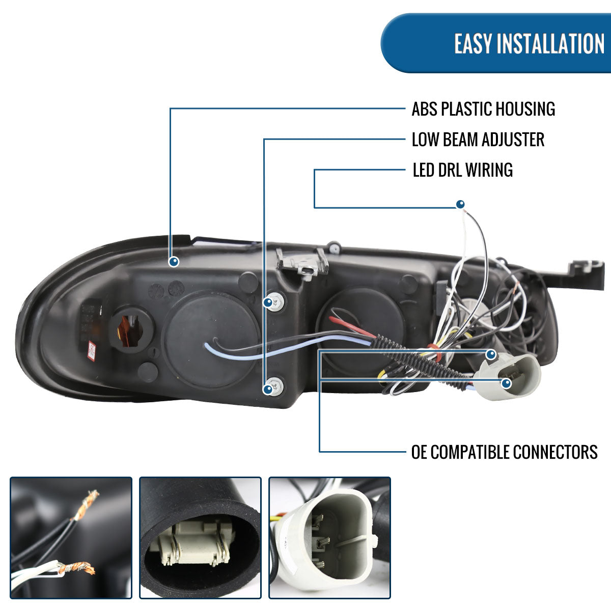 Ronnin - Fits 1997-2003 Pontiac Grand Prix All-in-One Replacement LED Dual Rims Projector Headlights + Corner Lights Assembly Pair | Black Smoke