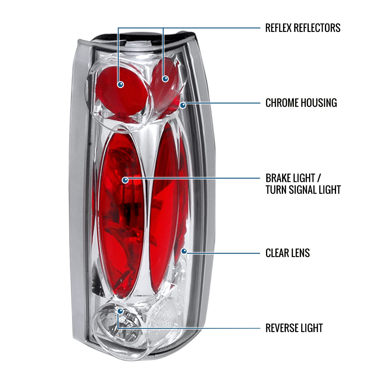 Ronnin - Fits 1988-2000 Chevy GMC C/K C10 Silverado Sierra Suburban Yukon Blazer Tahoe Caddy Escalade Tail Lights Replacement Assembly Pair | Chrome