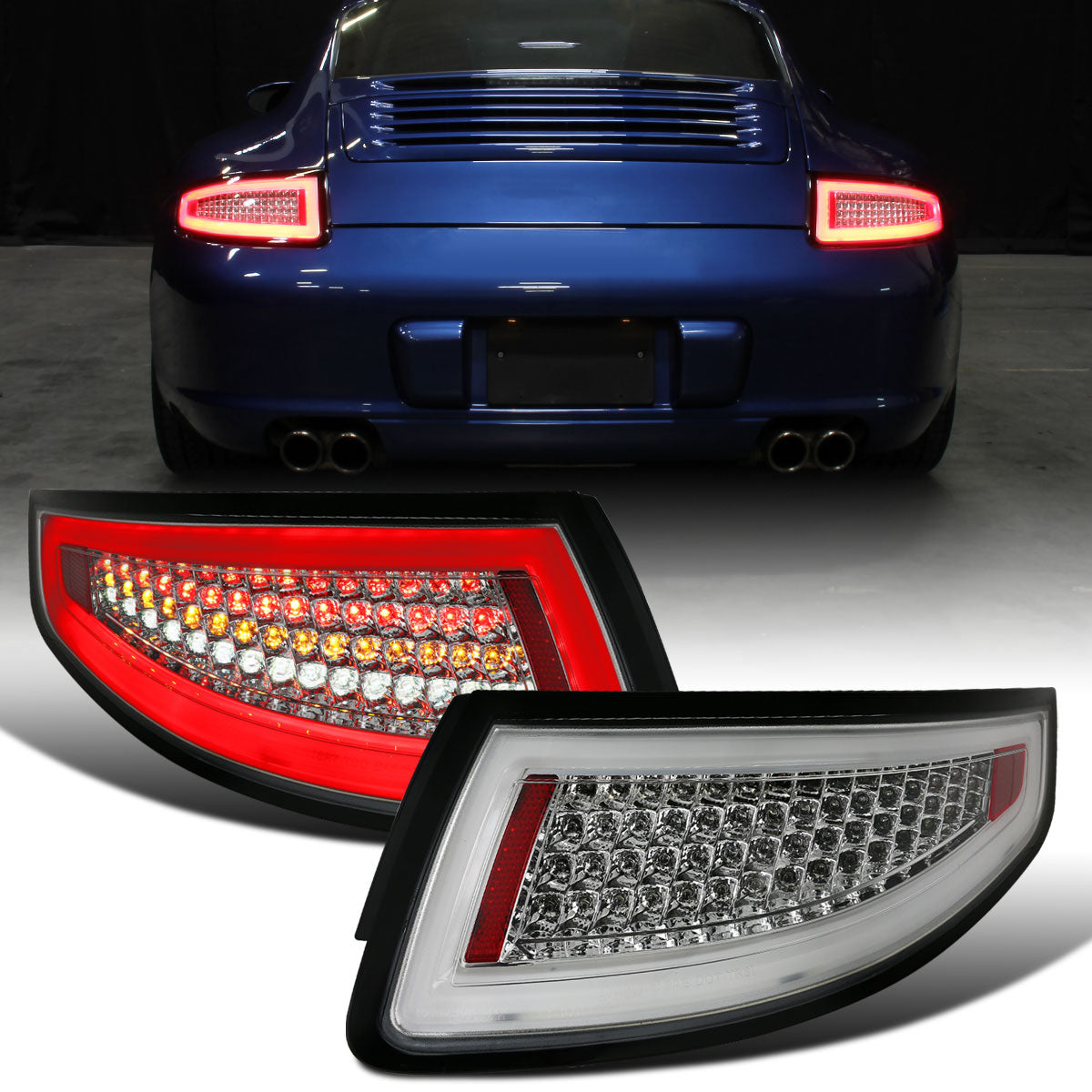 Ronnin - Fits 2005-2008 Porsche 911 997 Carrera Targa 2007-2009 Porsche 911 GT2 GT3 Turbo Upgraded Full LED Tail Lights Replacement Assembly Pair | Chrome | White Tube