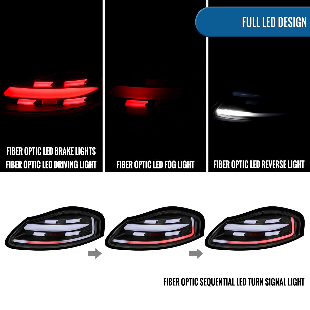 Ronnin - Fits 1997-2004 Porsche Boxster 986 Upgraded Replacement Full LED Sequential Turn Signal Tail Lights Assembly Pair | Black