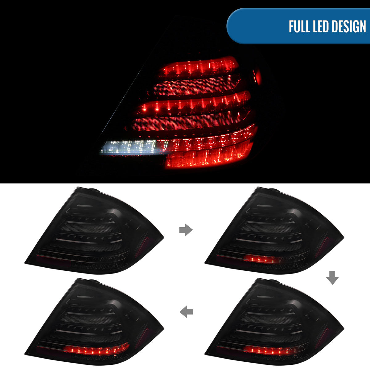 Ronnin - Fits 2001-2004 Mercedes-Benz C-Class W203 C230 C280 C320 US Spec Sedan Upgrade Full LED Tail Lights Assembly  Pair | Black Smoke
