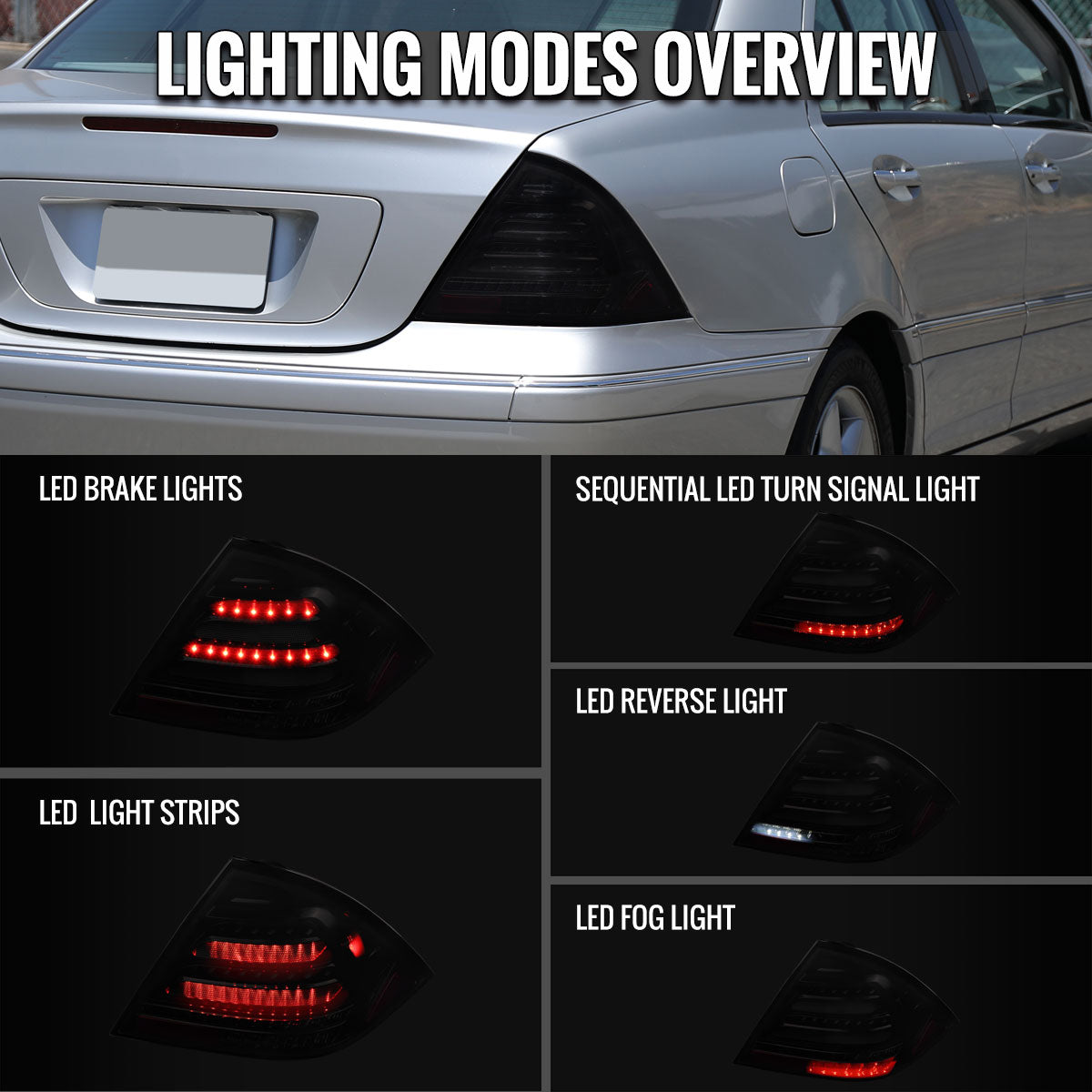 Ronnin - Fits 2001-2004 Mercedes-Benz C-Class W203 C230 C280 C320 US Spec Sedan Upgrade Full LED Tail Lights Assembly  Pair | Black Smoke