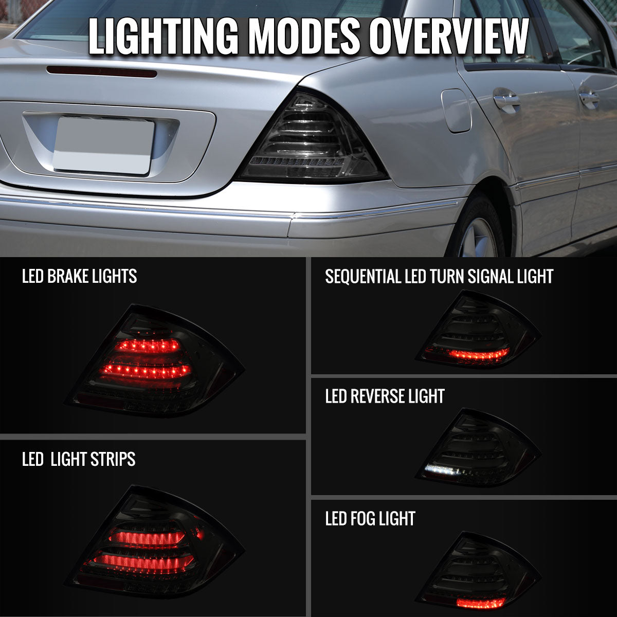 Ronnin - Fits 2001-2004 Mercedes-Benz C-Class W203 C230 C280 C320 US Spec Sedan Upgrade Full LED Tail Lights Assembly  Pair | Smoke