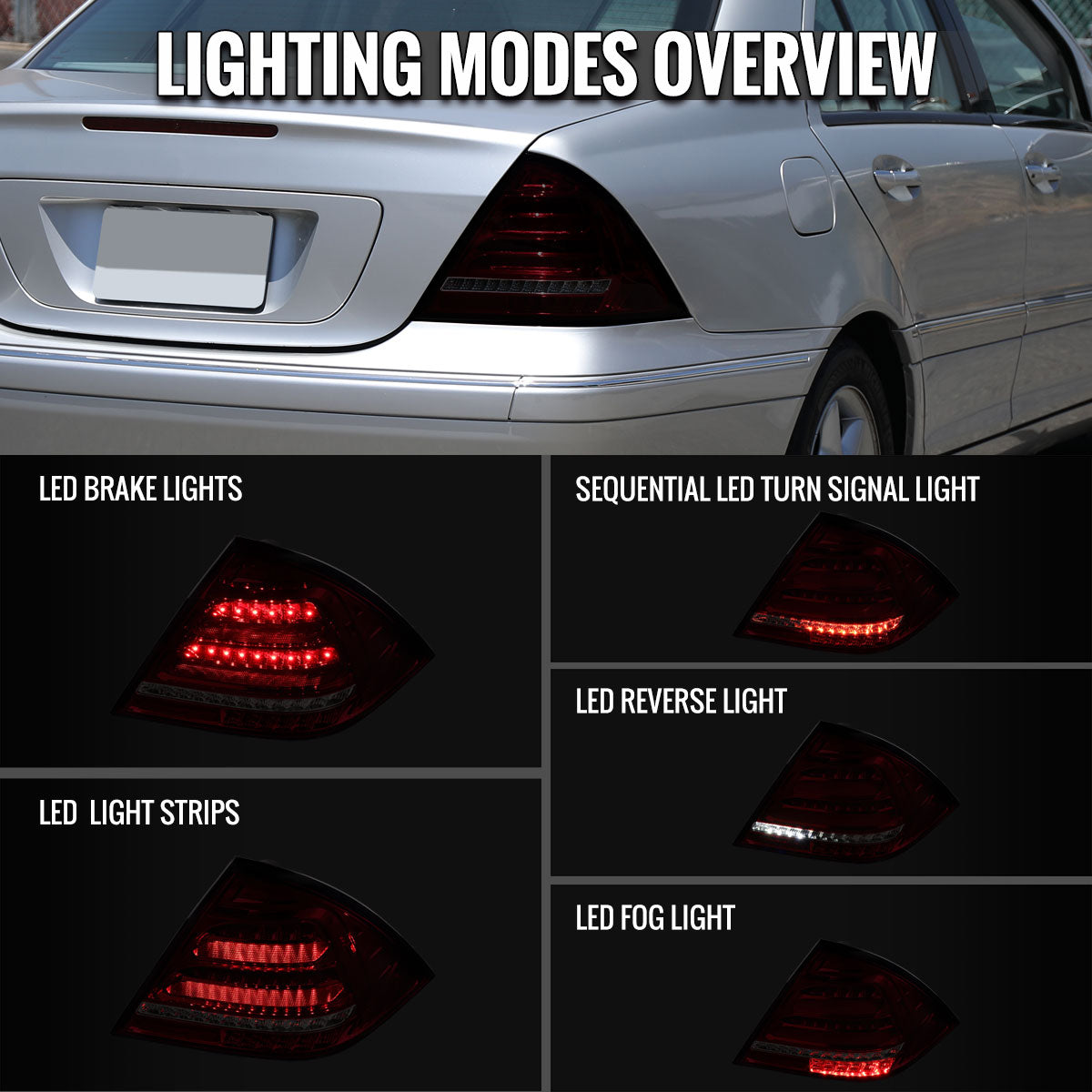 Ronnin - Fits 2001-2004 Mercedes-Benz C-Class W203 C230 C280 C320 US Spec Sedan Upgrade Full LED Tail Lights Assembly  Pair | Smoky Red