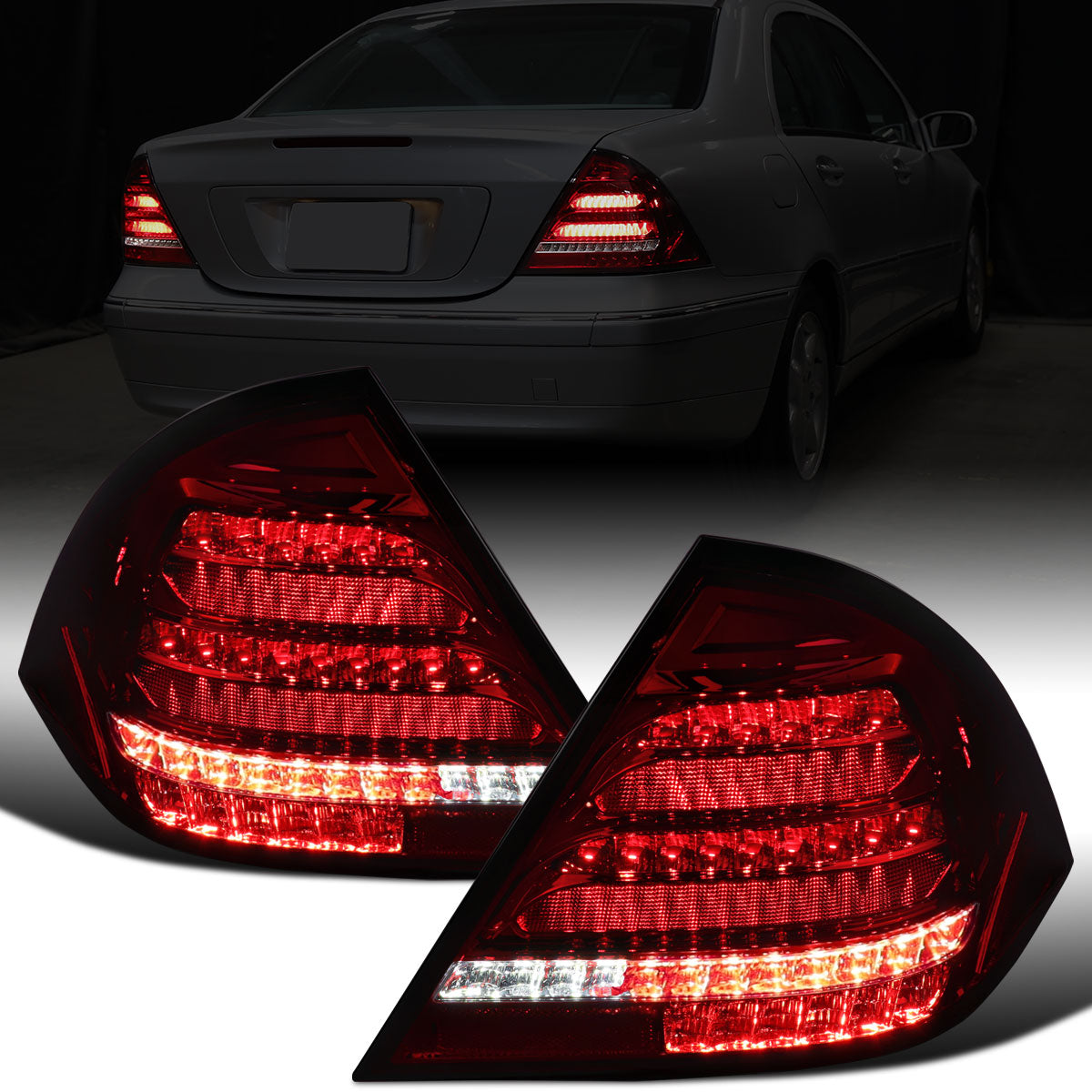 Ronnin - Fits 2001-2004 Mercedes-Benz C-Class W203 C230 C280 C320 US Spec Sedan Upgrade Full LED Tail Lights Assembly  Pair | Smoky Red