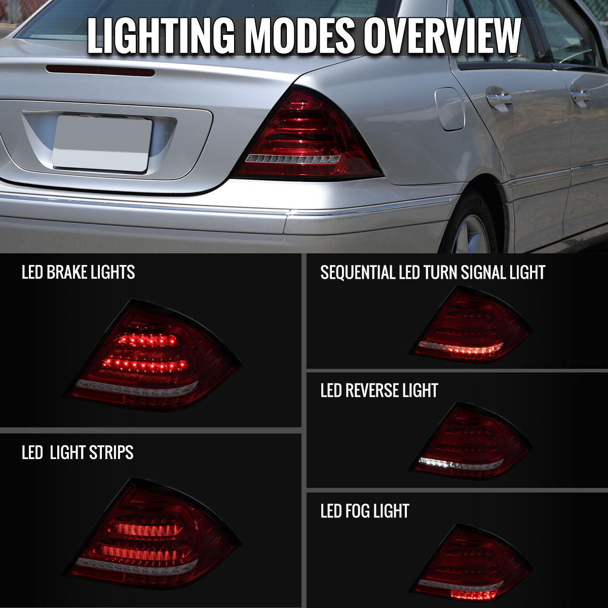 Ronnin - Fits 2001-2004 Mercedes-Benz C-Class W203 C230 C280 C320 US Spec Sedan Upgrade Full LED Tail Lights Assembly  Pair | Red