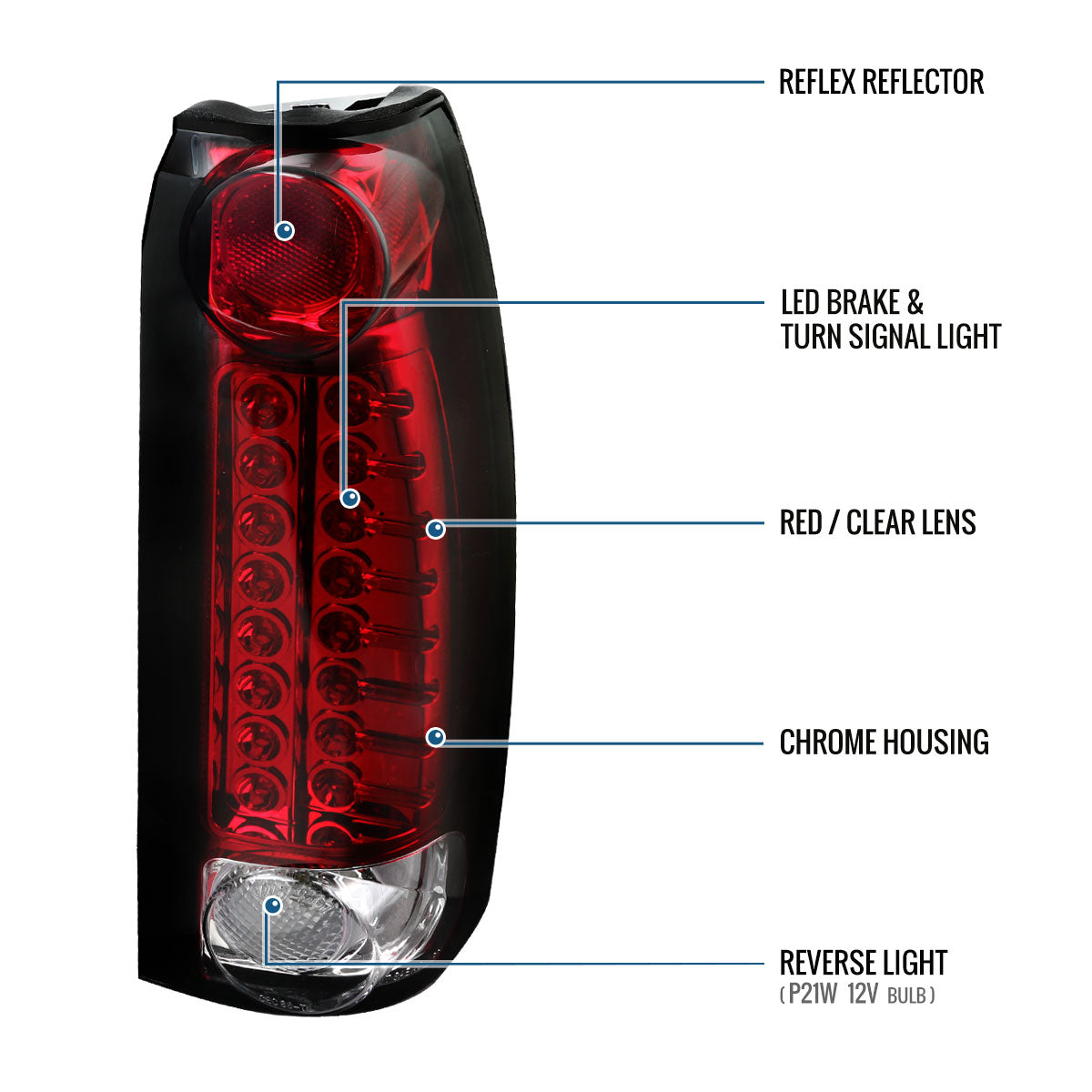Ronnin - Fits 1988-2000 Chevy GMC C/K C10 Silverado Blazer Tahoe Cadillac Escalade LED Integrated Brake and Turn Signals Tail Lights Assembly Pair | Red