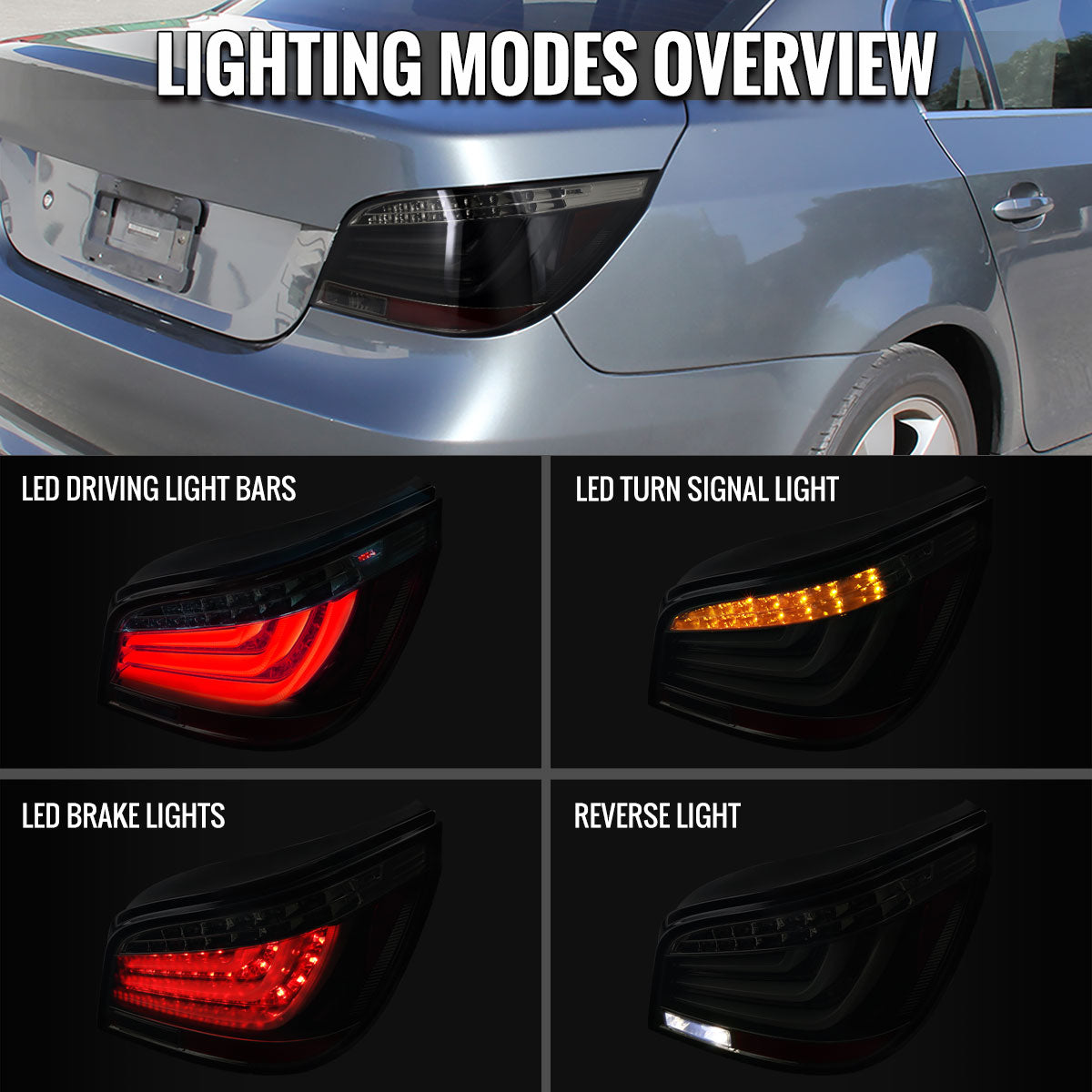 Ronnin - Fits 2004-2007 BMW E60 5-Series 525i 530i 545i 550i US Spec LED Tail Lights Upgrade Assembly Pair | Black Smoke