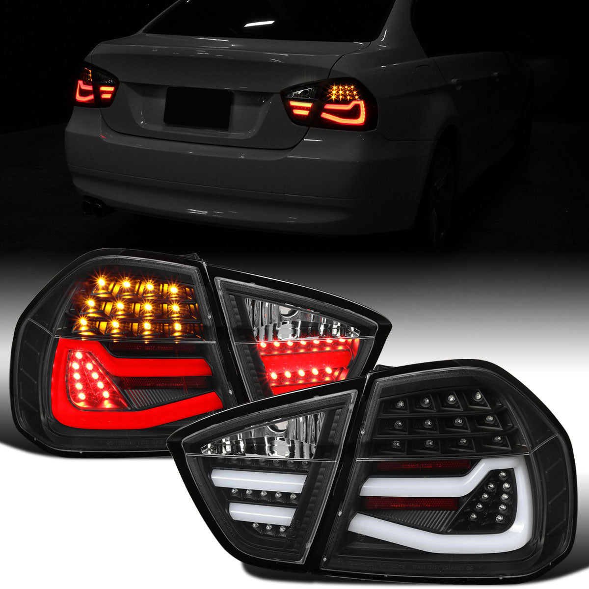 Ronnin - Fits 2006-2008 BMW E90 3-Series 325i 328i 330i Upgraded Replacement Full LED Driving Lights Tail Lamps Assembly Pair | Black