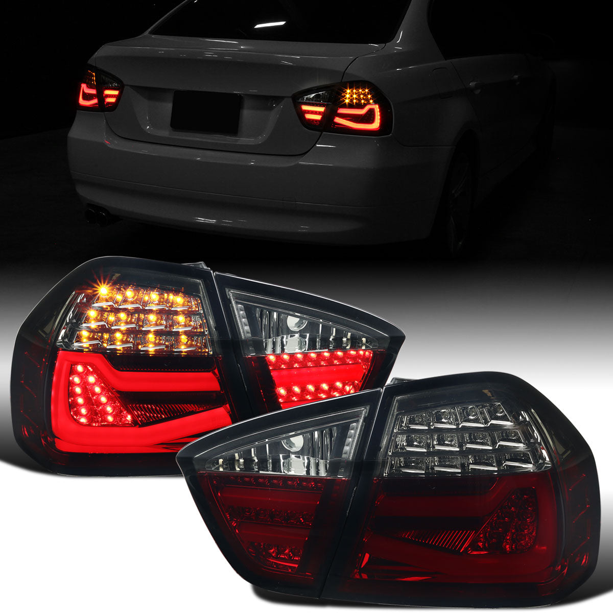 Ronnin - Fits 2006-2008 BMW E90 3-Series 325i 328i 330i Upgraded Replacement Full LED Driving Lights Tail Lamps Assembly Pair | Smoke/Red