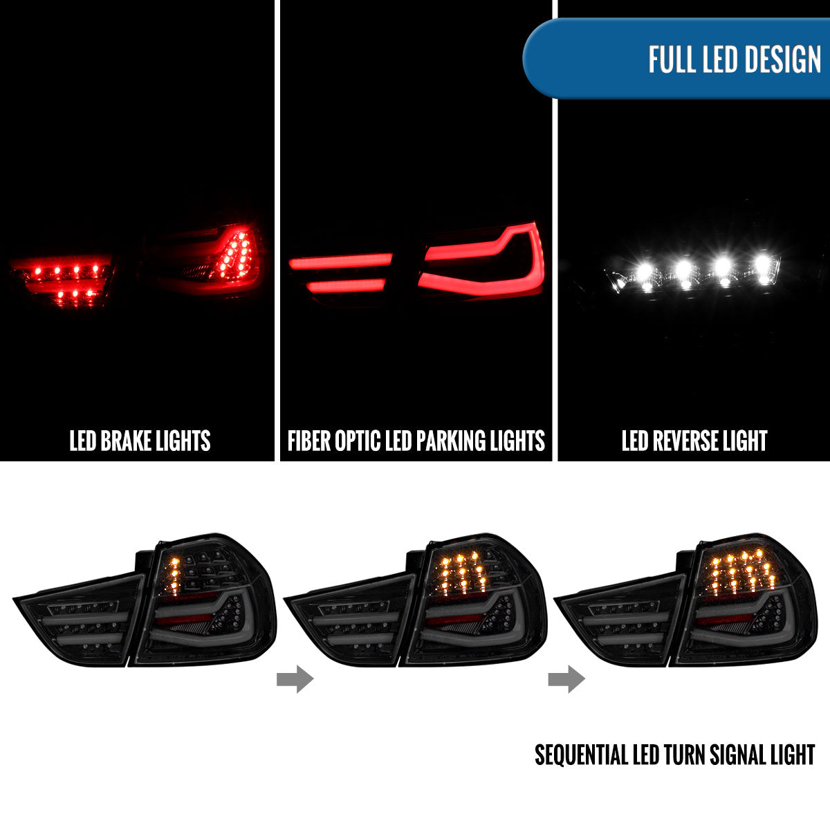 Ronnin - Fits 2009-2011 BMW E90 3-Series 325i 328i 330i Upgraded Replacement LED Tube Driving Lights Sequential Turn Signals Tail Lamps Assembly Pair | Black Smoke