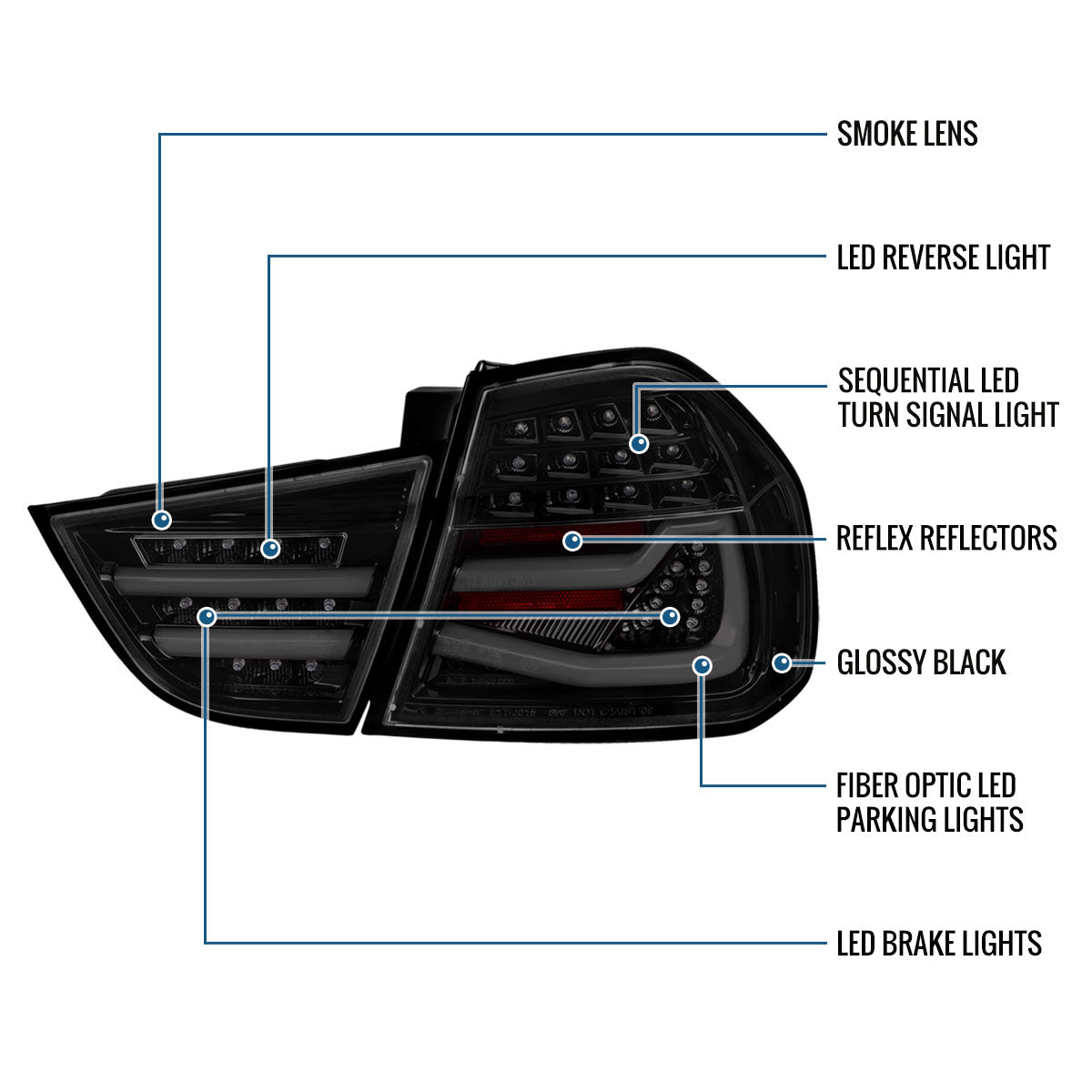 Ronnin - Fits 2009-2011 BMW E90 3-Series 325i 328i 330i Upgraded Replacement LED Tube Driving Lights Sequential Turn Signals Tail Lamps Assembly Pair | Black Smoke