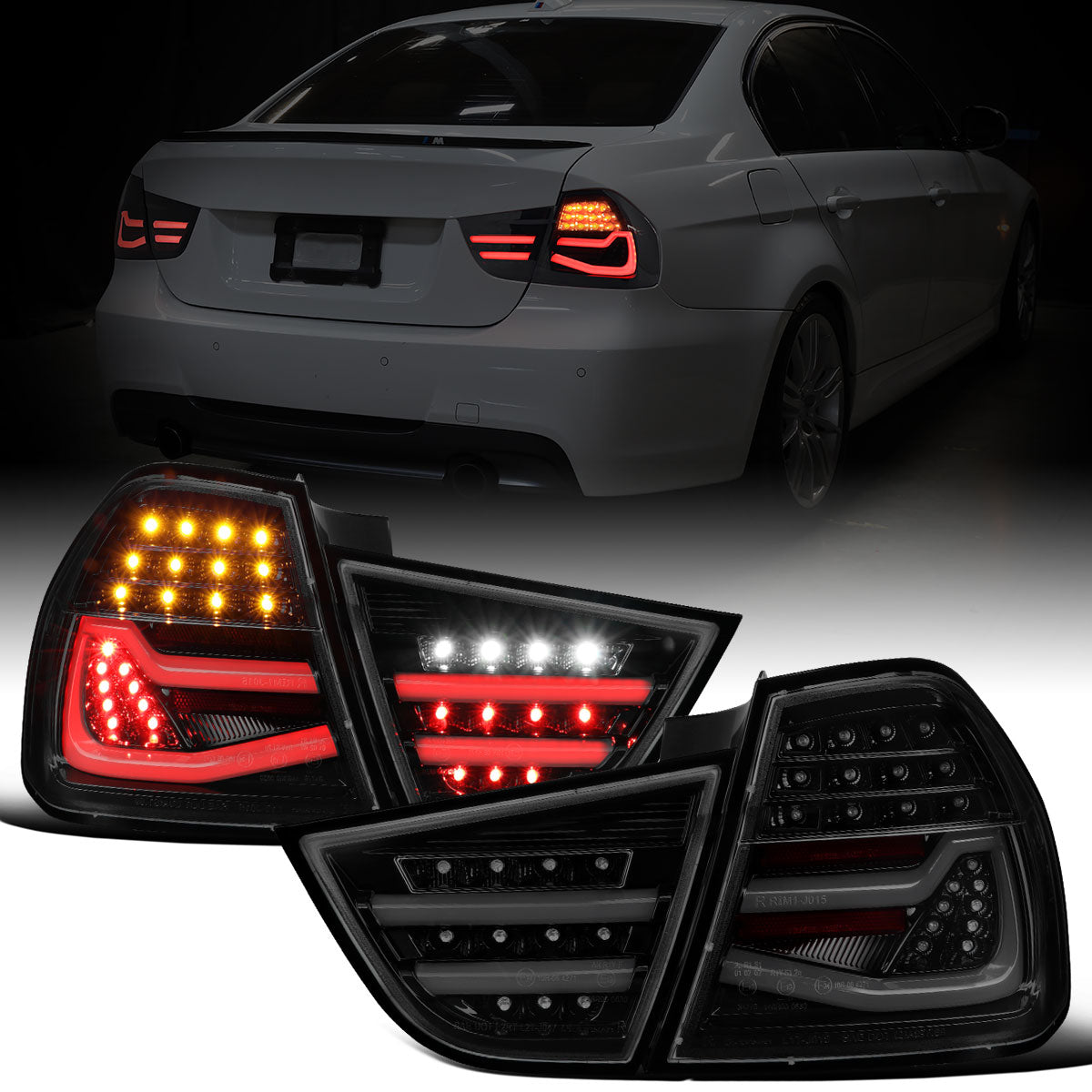 Ronnin - Fits 2009-2011 BMW E90 3-Series 325i 328i 330i Upgraded Replacement LED Tube Driving Lights Sequential Turn Signals Tail Lamps Assembly Pair | Black Smoke