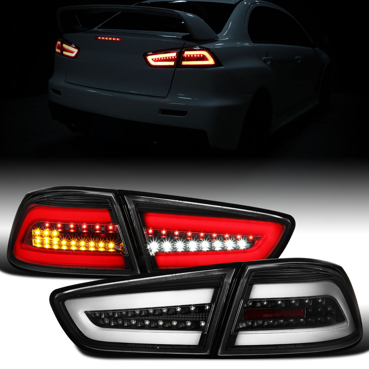 Ronnin - Fits 2008-2017 Mitsubishi Lancer Evolution Upgraded Replacement FULL LED Tail Lights Assembly | Black | White Tube