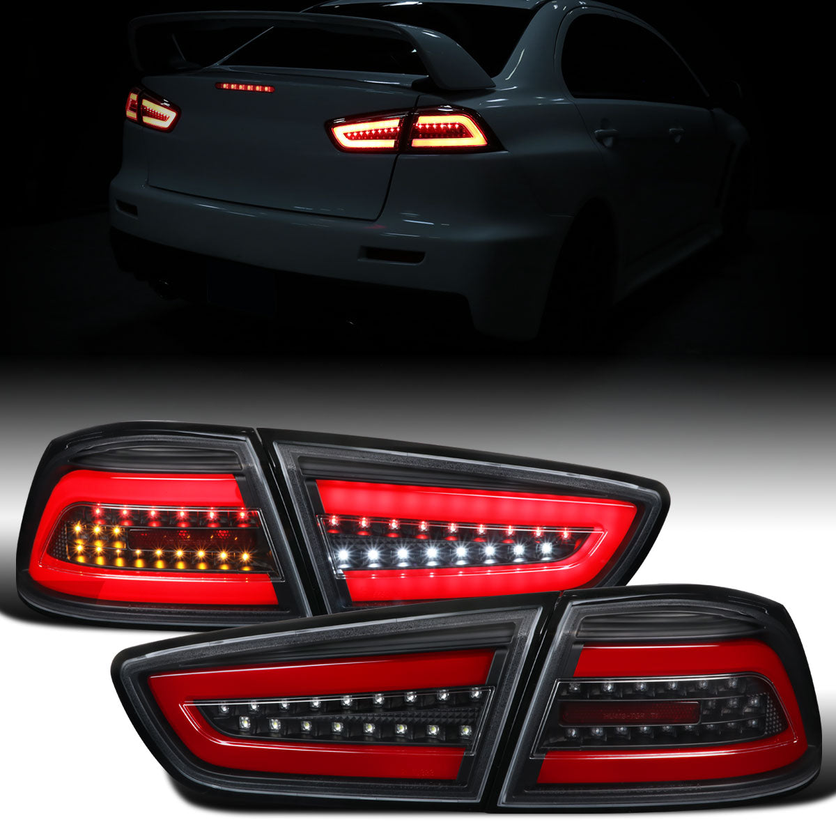 Ronnin - Fits 2008-2017 Mitsubishi Lancer Evolution Upgraded Replacement FULL LED Tail Lights Assembly | Black