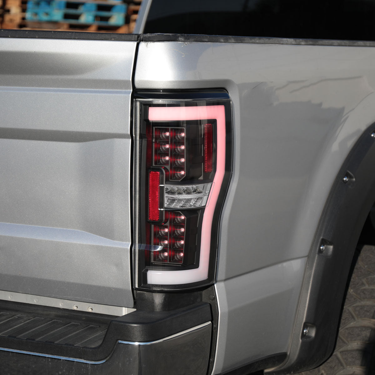 Ronnin - Fits 2017-2019 Ford F250 F350 F450 F550 Super Duty Upgraded Full LED Tail Lights Integrated Brake + Turn Signal Assembly Pair | Black | White Tube