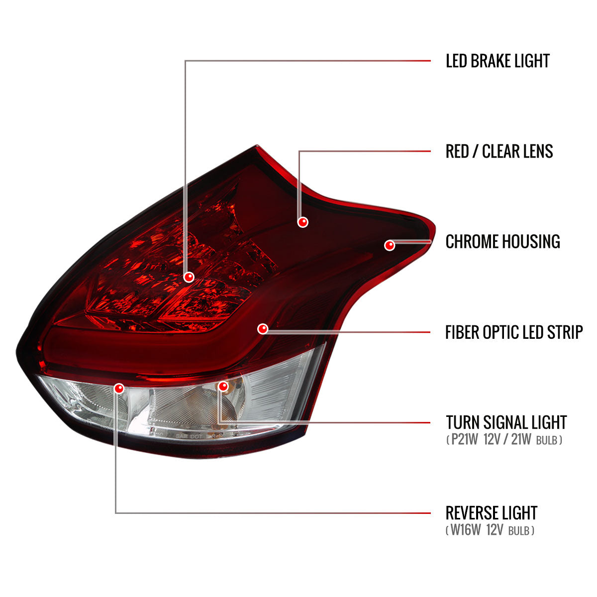 Ronnin - Fits 2012-2014 Ford Focus Hatchback US Spec Upgraded Replacement LED Tail Lights Assembly Pair | Red