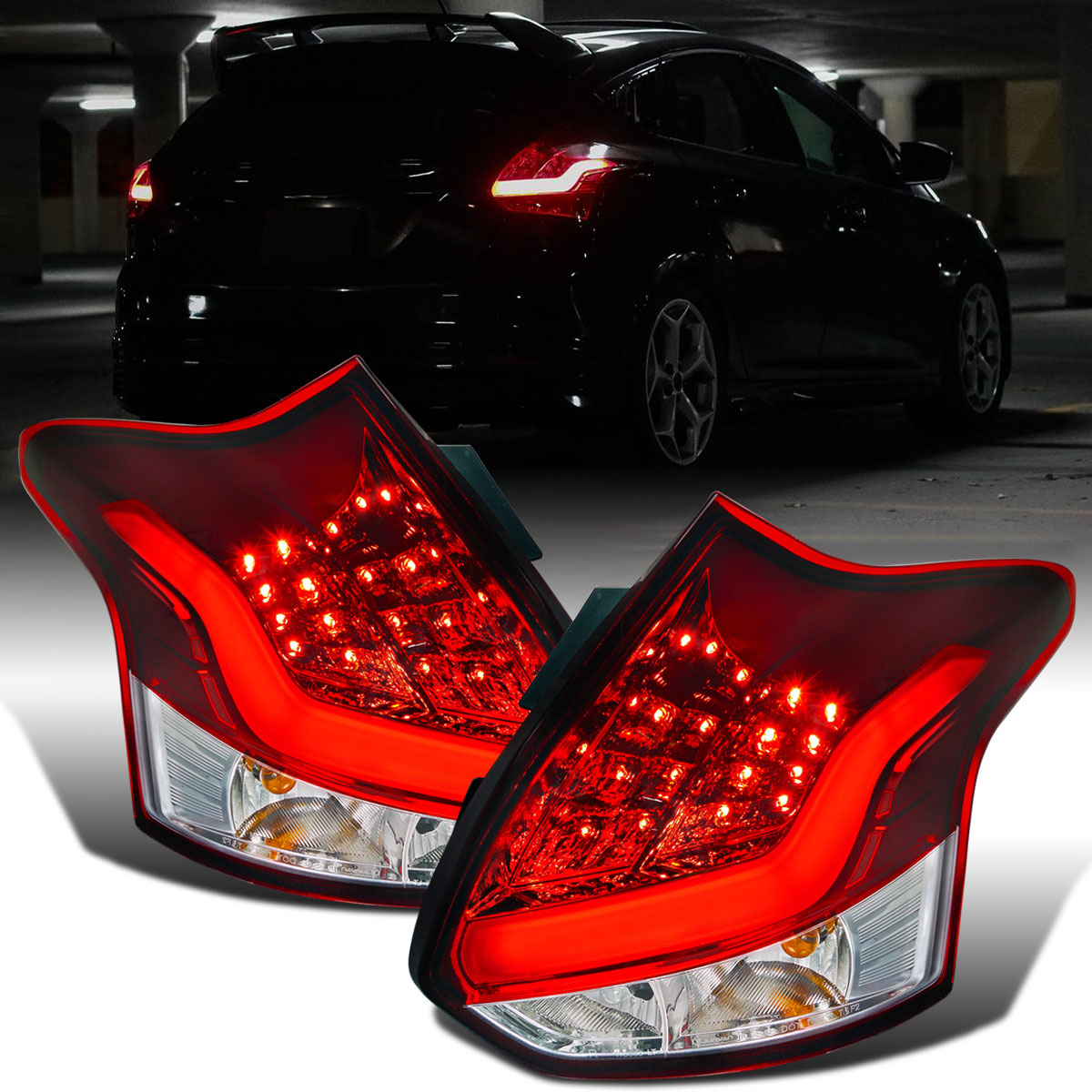 Ronnin - Fits 2012-2014 Ford Focus Hatchback US Spec Upgraded Replacement LED Tail Lights Assembly Pair | Red