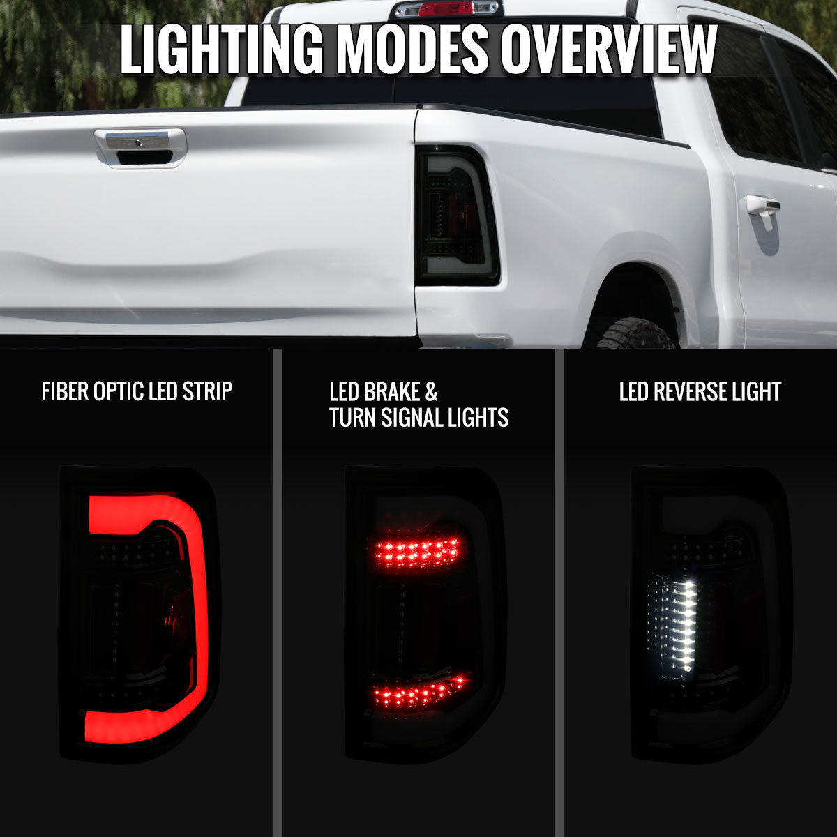 Ronnin - Fits 2019-2024 Ram 1500 Upgraded Full LED Tail Lights Integrated LED Brake and Turn Signal Lamps Replacement Pair | Black Smoke | White Tube