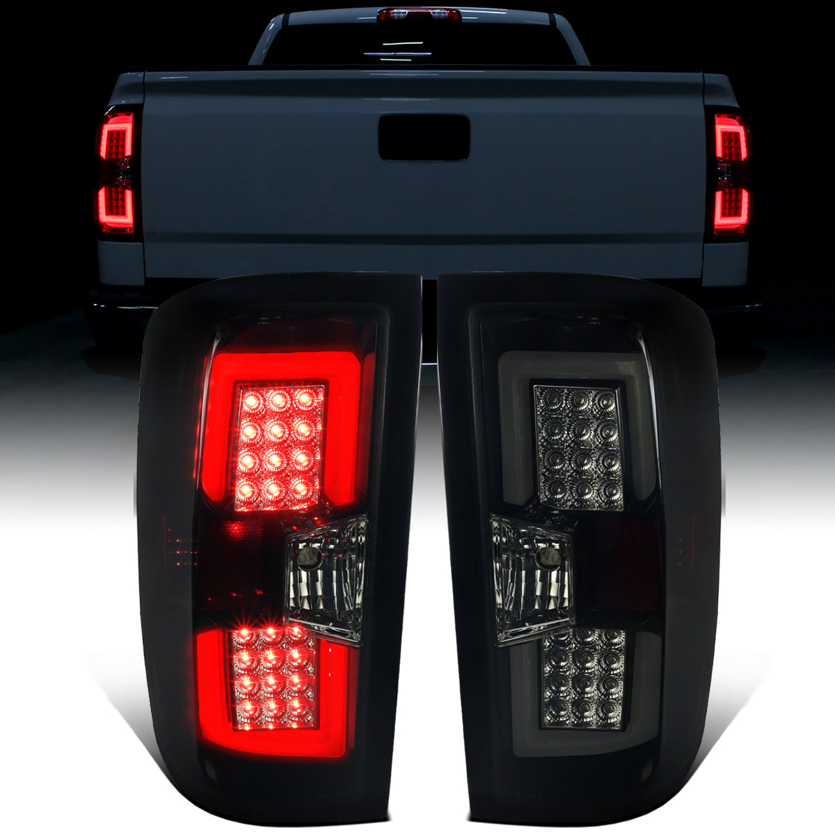 Ronnin - Fits 2014-2018 Silverado 1500 2500HD 3500HD | 2015-2019 Sierra 3500HD LED Tail Lights Integrated Brake and Turn Signal Lamps Replacement Assembly Pair | Black Smoke