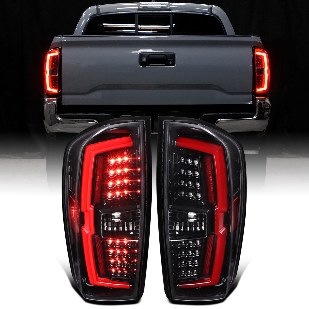 Ronnin - Fits 2016-2022 Toyota Tacoma Pickup LED Tail Lights Integrated Brake and Turn Signal Lamps Assembly Pair | Glossy Black