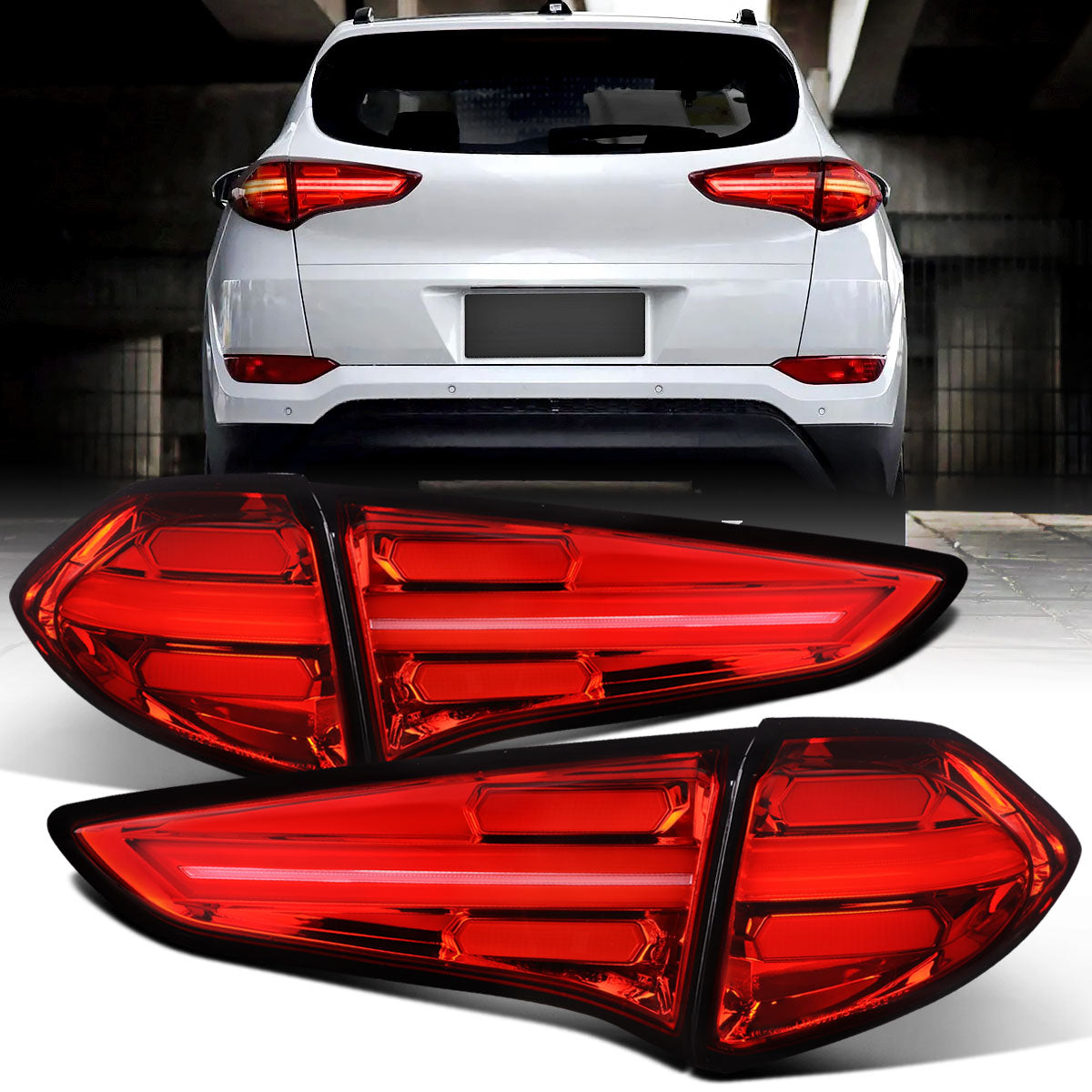Ronnin - Fits 2016-2018 Hyundai Tucson Full LED Tail Lights Assembly Upgrade Direct Replacement Pair | Red