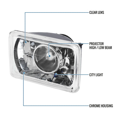 Ronnin - Fits All Vehicles with 4" X 6" Sealed Beam Projector Headlights H4651 H4652 H4656 H4666 H6545 Pair | Chrome