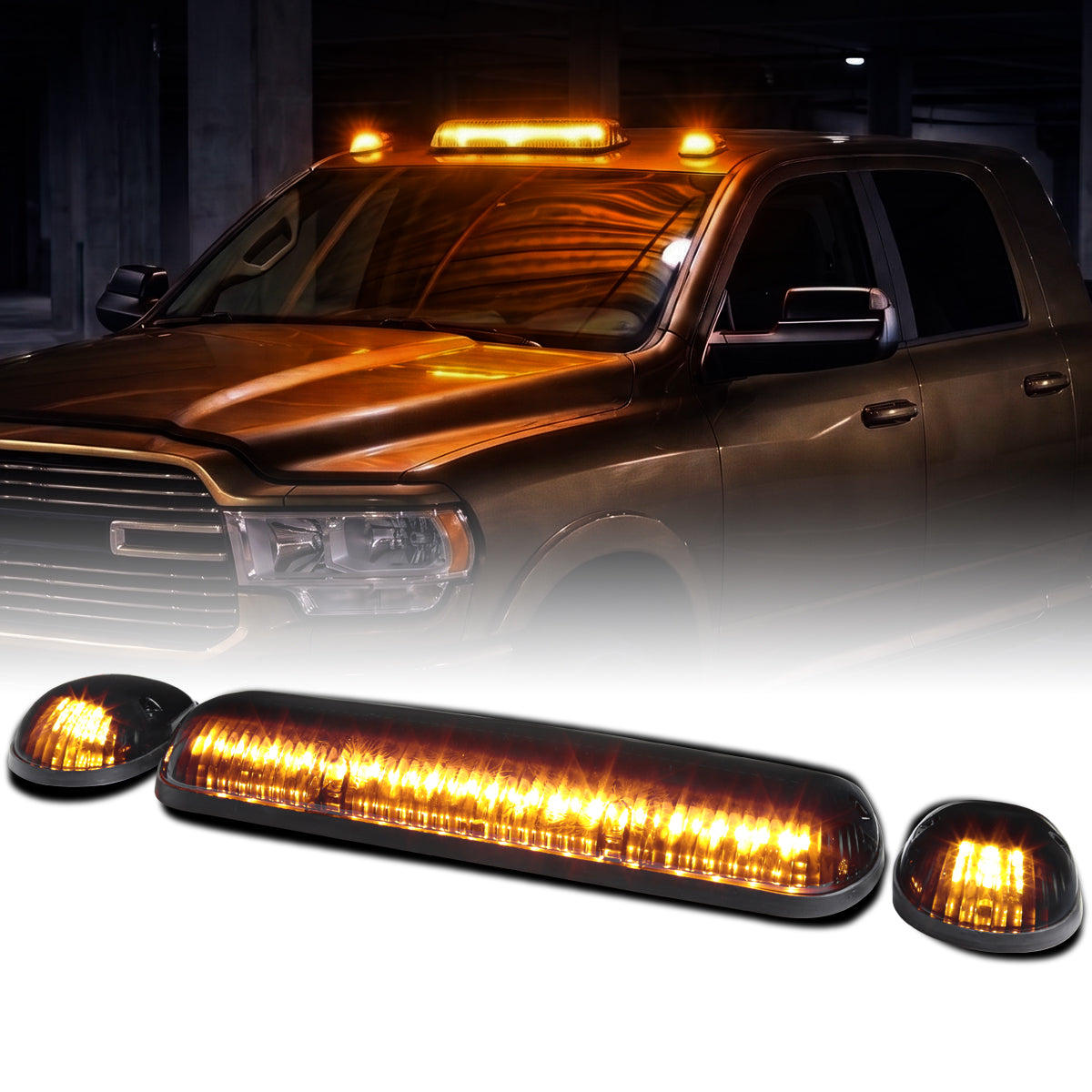 Amber LED Cab Roof Top Marker Clearance Lights 3 Pieces | Smoke