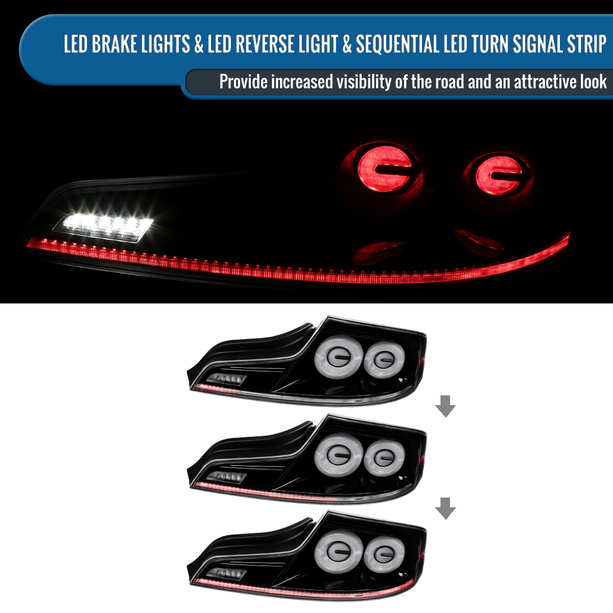 Ronnin - Fits 2003-2007 Infiniti G35 Coupe 2-Door Full LED Sequential Tail Lights Brake Lamps Assembly Pair | Glossy Black | White Halo Rims