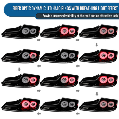 Ronnin - Fits 2003-2007 Infiniti G35 Coupe 2-Door Full LED Sequential Tail Lights Brake Lamps Assembly Pair | Glossy Black | White Halo Rims