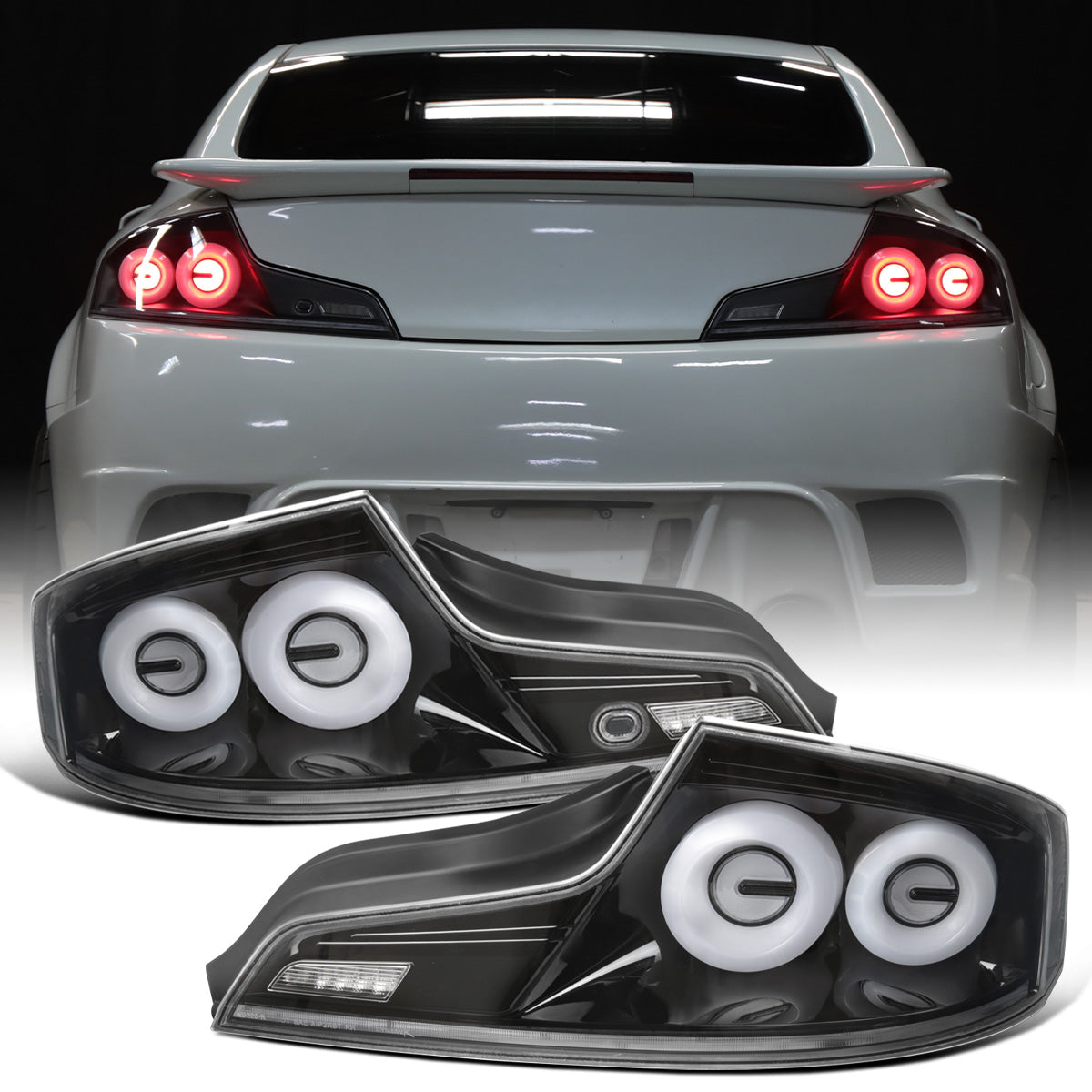 Ronnin - Fits 2003-2007 Infiniti G35 Coupe 2-Door Full LED Sequential Tail Lights Brake Lamps Assembly Pair | Glossy Black | White Halo Rims