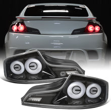 Ronnin - Fits 2003-2007 Infiniti G35 Coupe 2-Door Full LED Sequential Tail Lights Brake Lamps Assembly Pair | Glossy Black | White Halo Rims