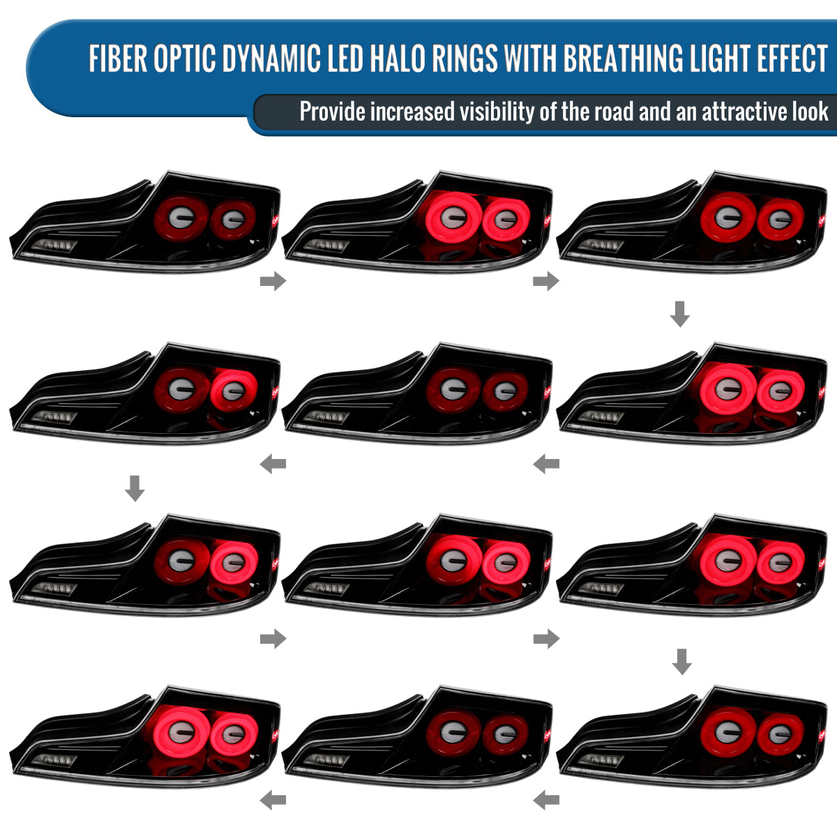 Ronnin - Fits 2003-2007 Infiniti G35 Coupe 2-Door Full LED Sequential Tail Lights Brake Lamps Assembly Pair | Glossy Black | Red Halo Rims