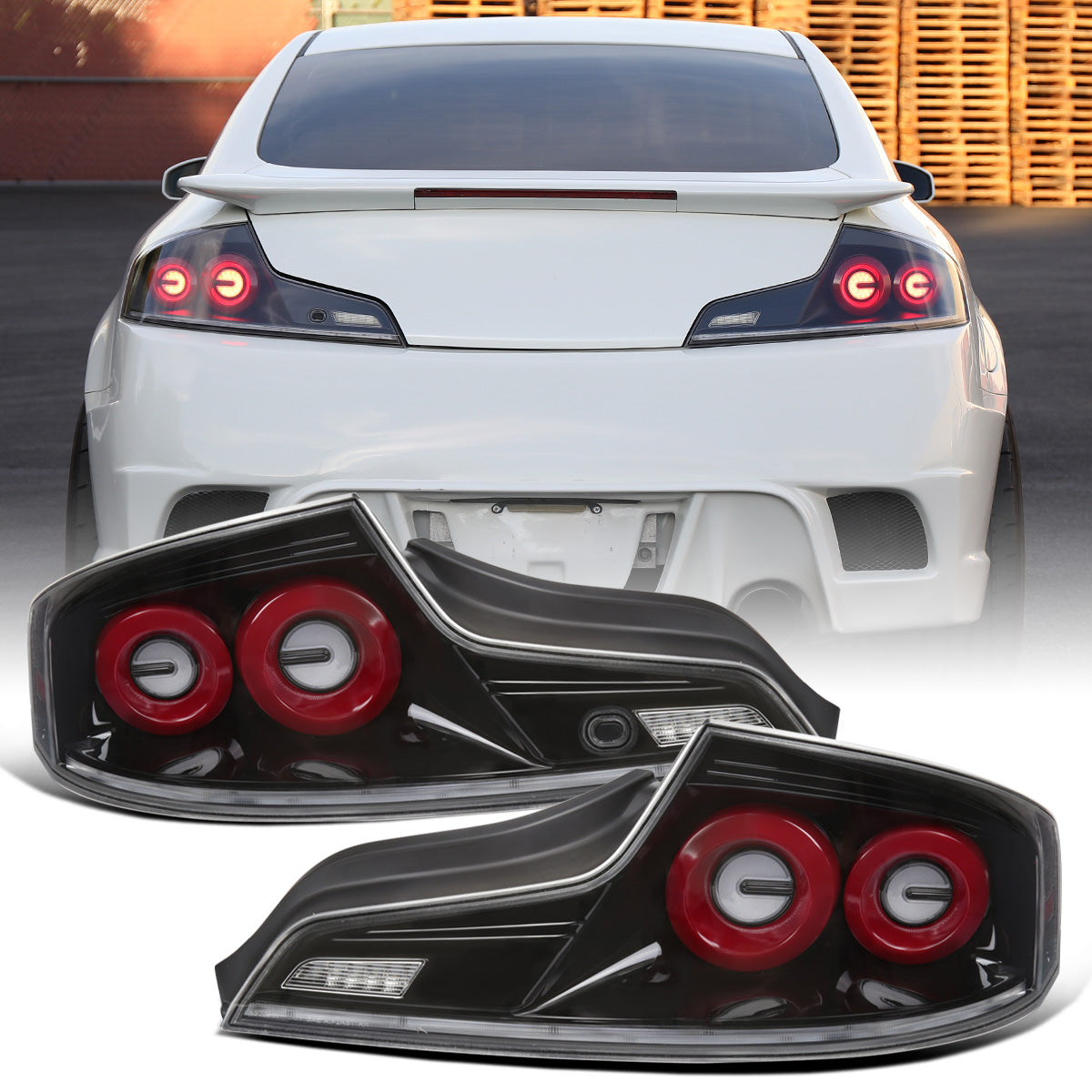 2003-2007 Infiniti G35 Coupe 2-Door Full LED Sequential Tail Lights Brake Lamps Assembly Pair | Glossy Black | Red Halo Rims