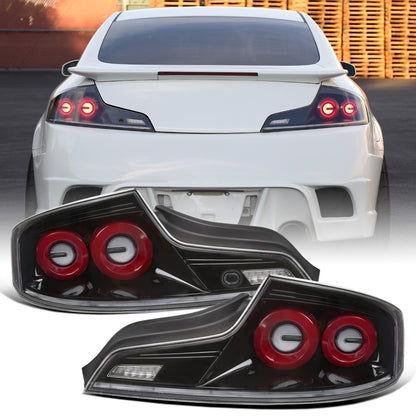 Ronnin - Fits 2003-2007 Infiniti G35 Coupe 2-Door Full LED Sequential Tail Lights Brake Lamps Assembly Pair | Glossy Black | Red Halo Rims