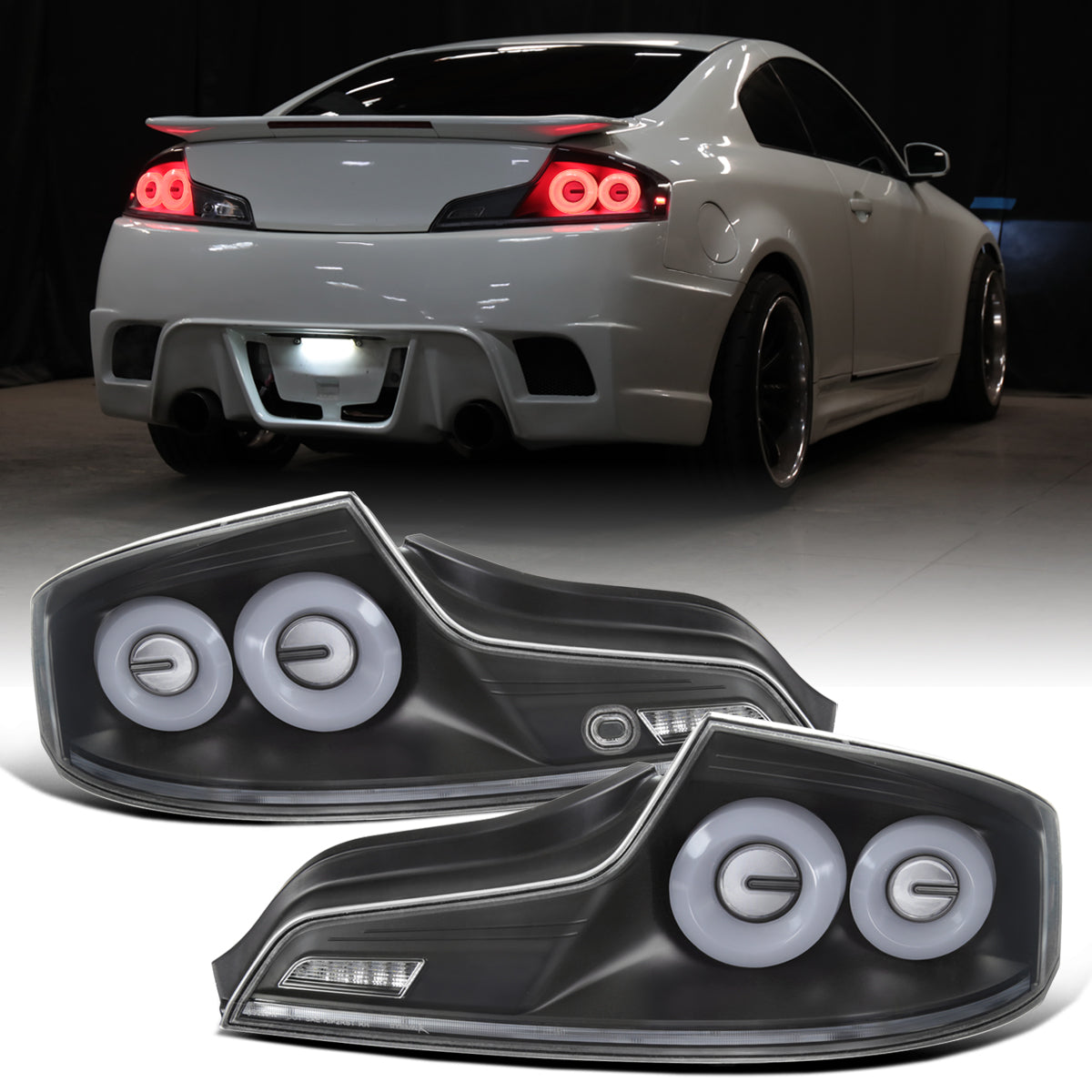 Ronnin - Fits 2003-2007 Infiniti G35 Coupe 2-Door Full LED Sequential Tail Lights Brake Lamps Assembly Pair | Black | White Halo Rims