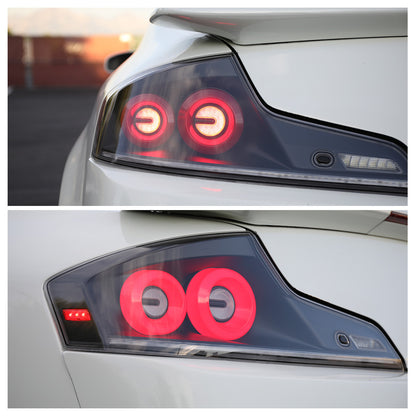 Ronnin - Fits 2003-2007 Infiniti G35 Coupe 2-Door Full LED Sequential Tail Lights Brake Lamps Assembly Pair | Black | Red Halo Rims