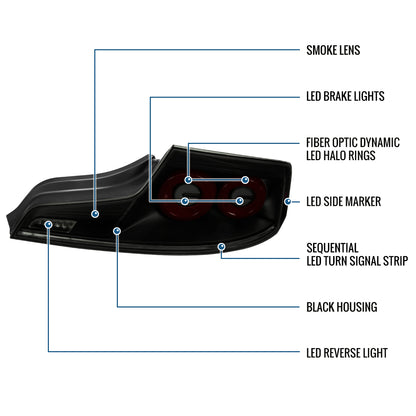 Ronnin - Fits 2003-2007 Infiniti G35 Coupe 2-Door Full LED Sequential Tail Lights Brake Lamps Assembly Pair | Black Smoke | Red Halo Rims