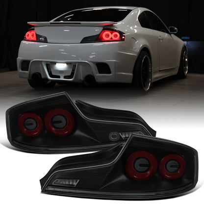 Ronnin - Fits 2003-2007 Infiniti G35 Coupe 2-Door Full LED Sequential Tail Lights Brake Lamps Assembly Pair | Black Smoke | Red Halo Rims