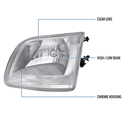 Ronnin - Fits 1997-2003 Ford F150 Expedition Headlights Factory Replacement Assembly Pair | Chrome