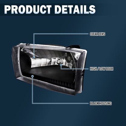 1999-2004 Ford F250 F350 F450 F550 2000-2004 Excursion US Spec Halogen Headlights Replacement Assembly Pair | Black