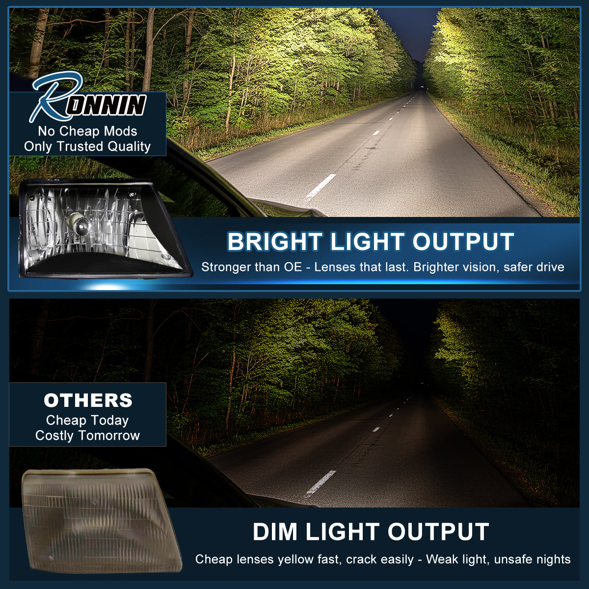 Ronnin - Fits 1998-2000 Ford Ranger Halogen Headlights Pair | Black