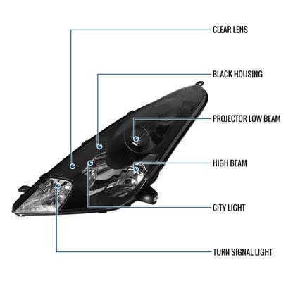 Ronnin - Fits 2000-2005 Toyota Celica GT GTS Projector Headlights Assembly OE Replacement Pair | Black