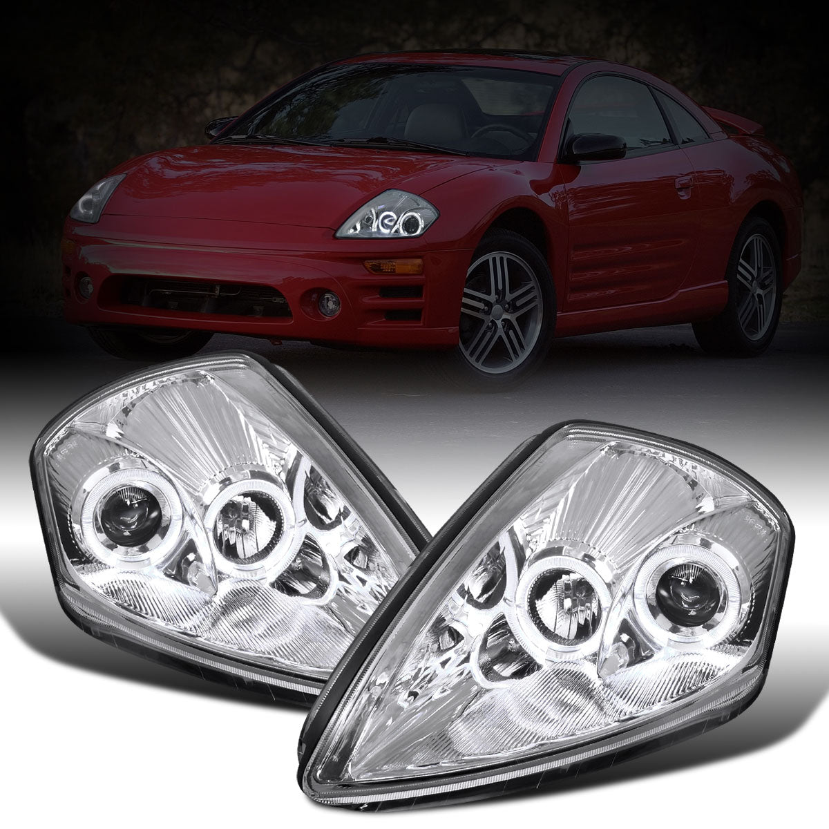 Ronnin - Fits 2000-2005 Mitsubishi Eclipse Upgraded LED Dual Halo Rims Running Lights Projector Headlights Assembly Pair | Chrome