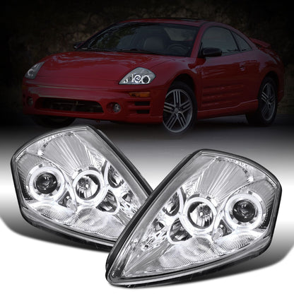 Ronnin - Fits 2000-2005 Mitsubishi Eclipse Upgraded LED Dual Halo Rims Running Lights Projector Headlights Assembly Pair | Chrome