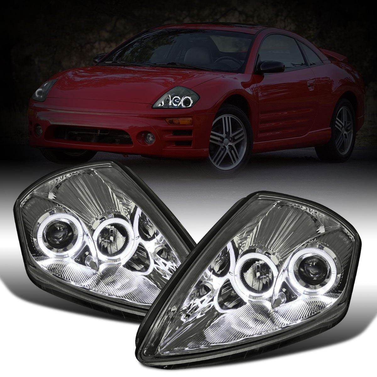 Ronnin - Fits 2000-2005 Mitsubishi Eclipse Upgraded LED Dual Halo Rims Running Lights Projector Headlights Assembly Pair | Smoke