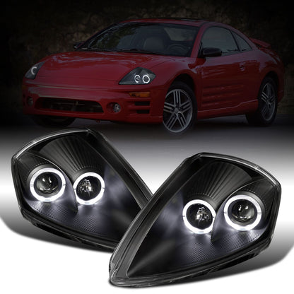 Ronnin - Fits 2000-2005 Mitsubishi Eclipse Upgraded LED Dual Halo Rims Running Lights Projector Headlights Assembly Pair | Black