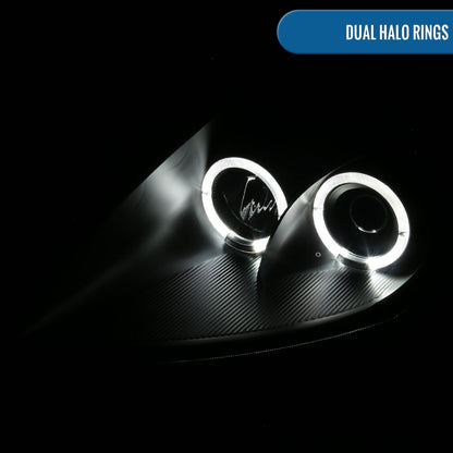 Ronnin - Fits 2000-2005 Mitsubishi Eclipse Upgraded LED Dual Halo Rims Running Lights Projector Headlights Assembly Pair | Black Smoke