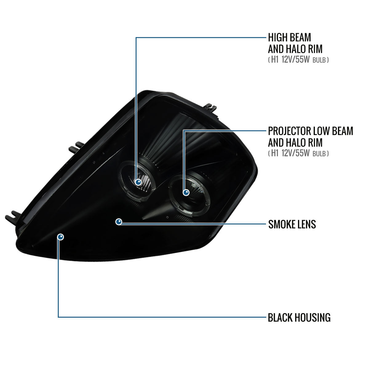 Ronnin - Fits 2000-2005 Mitsubishi Eclipse Upgraded LED Dual Halo Rims Running Lights Projector Headlights Assembly Pair | Black Smoke