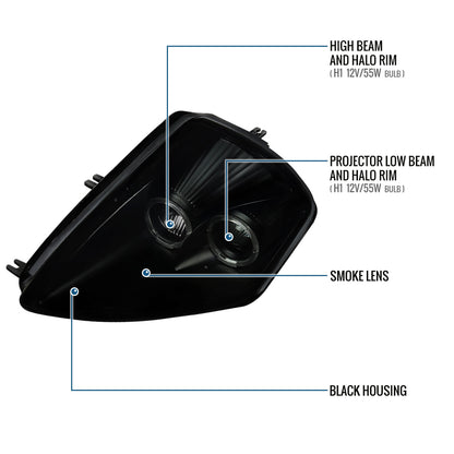 Ronnin - Fits 2000-2005 Mitsubishi Eclipse Upgraded LED Dual Halo Rims Running Lights Projector Headlights Assembly Pair | Black Smoke